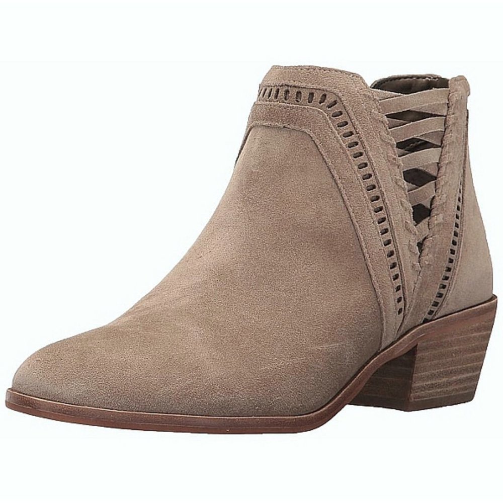 Vince Camuto Pimmy Ankle Booties Leather Distressed Low Heel Cut-Outs Tan Boots